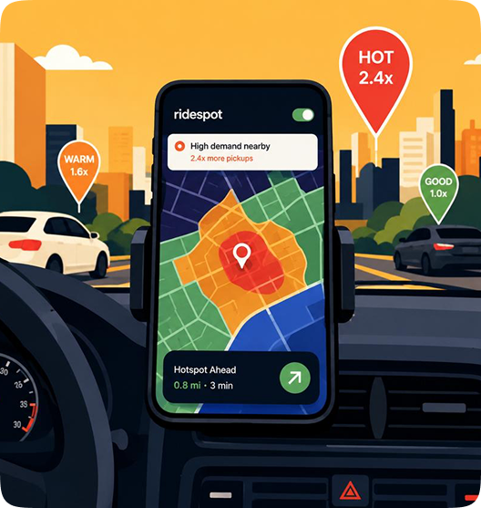 RideSpot app on a mounted phone inside a car